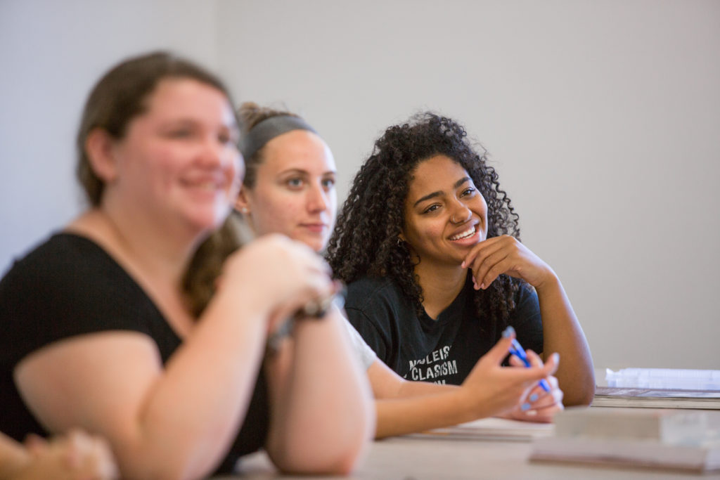 Three students in an American Sign Language class at Central Maine Community College