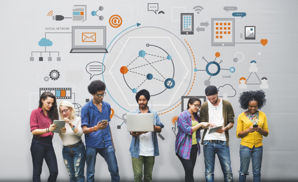 Group of individuals on conceptual background showing integration of information systems and management
