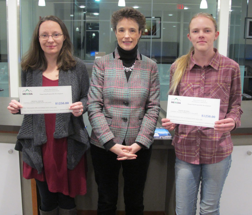 Crystal House, left, and Elena McNeil, right, both second-year students in the Business Administration and Management program at Central Maine Community College, have been awarded $1,250 scholarships from the Maine Real Estate & Development Association (MEREDA) for study during the current academic year. They are pictured here with Shelly Clark, MEREDA vice president of operations.