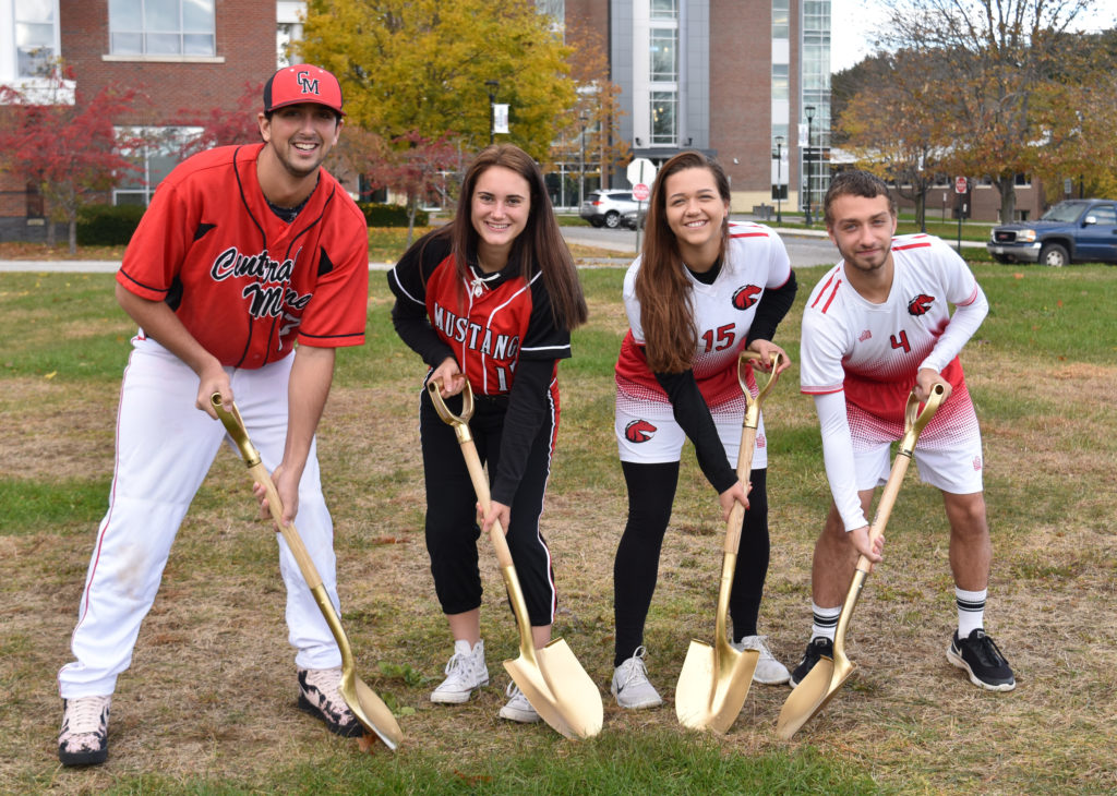 Breaking ground for the new athletic complex at Central Maine Community College are left to right student athletes Nick L’Heureux, Samantha Belardo, Keara Hunter, and Cody Dolloff. The synthetic turf facility will include baseball and softball diamonds and a soccer field.