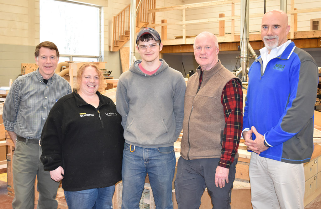 David Gluck, far right, regional director of the Northeastern Retail Lumber Association, presented the Brian C. Thayer Memorial Scholarship to CMCC student Maxwell Stanley, center. Others present are left to right Don Varney, chair of the CMCC Building Construction Technology program; Joanne Tarr, Lapointe Lumber Company; and Gene Flanagan, Viking Lumber Company.