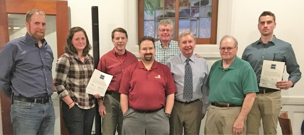 Pictured left to right at the ASPE awards dinner are Brent Nolan of Titan Mechanical; scholarship recipient Audra Ziobro from CMCC; Don Varney, chair of the BCT program at CMCC; John Burrell of ASPE ME; John Brockington, president of ASPE ME; Jim Hoy, treasurer of ASPE ME; Dave Eng, chair of the SMCC construction program; and scholarship recipient Chandler Ellis from CMCC.