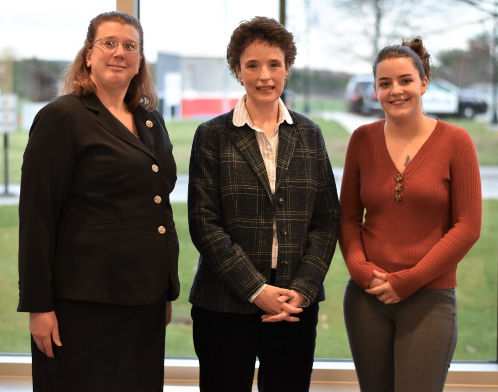 The two MEREDA scholarship recipients at CMCC, Sarah Pierce, left, and Bailey Pullen, right, are pictured here with Shelly Clark, MEREDA vice president of operations.