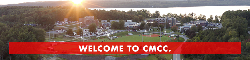 Social media landing page image. Background is aerial image of the college from the entrance, facing the lake at sunset. White text overlays a red box on the bottom with the language 