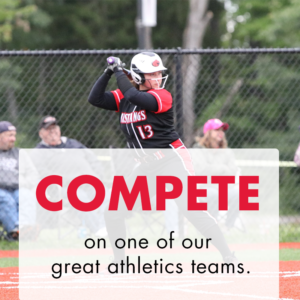 White female softball player in full black and red uniform stands at bat. Text overlay reads "Compete on one of our great athletics teams."