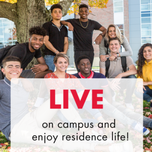 A group of nine diverse students sit and stand under a tree. Text overlay says "Live on campus and enjoy residence life"