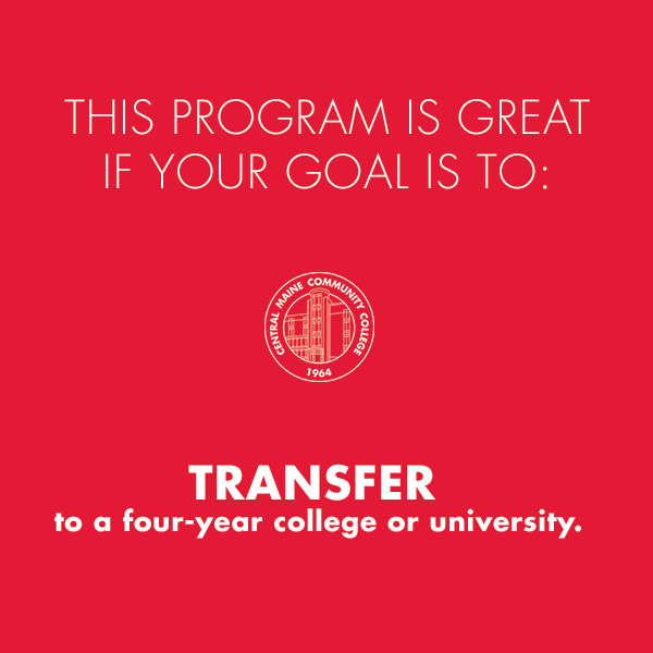 Red block with text "This program is great if your goal is to transfer to a four-year college or university"