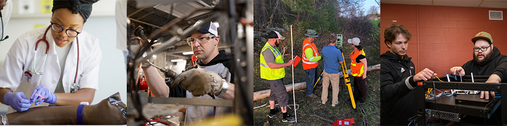 A collage of images showcasing Workforce and Professional Development programs including phlebotomy, HVAC training, land surveyor training, and computer technology