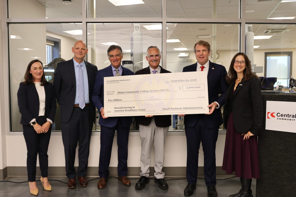 Pictured (L to R): Dr. Kristen Miller (President of Southern Maine Community College), Dr. Michael Fischer (President of York County Community College), David Daigler (Maine Community College System President), Dan Belyea (MCCS Chief Workforce Development Officer), William (Bill) Briggs (SBA Deputy Administrator), and Dr. Susan Rogers (President of Central Maine Community College). 